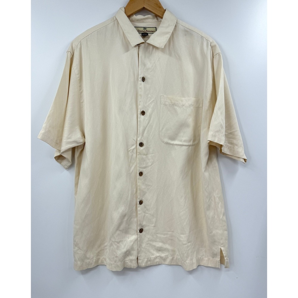 Tommy Bahama Relax Mens Medium Cream Silk Cotton Herringbone Shirt Button Up